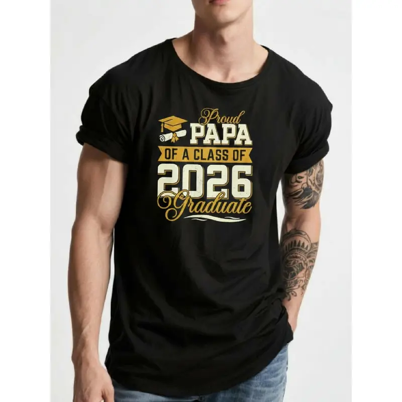 Men's Print Short-Sleeve Round Neck Graduation T-Shirt - 2026 Class Proud Papa of a 2026 Graduate, Diploma Cap Emblem, Golden Lettering, 100% Relaxed Fit Breathable All-Season Comfort, Menswear Top, Dad Graduation Gift, Casual Wear (Adult Sizing)