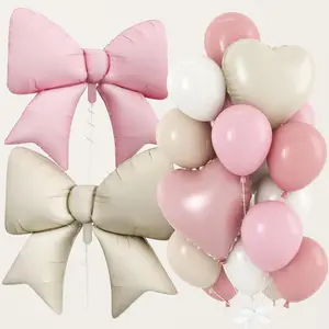 38 Inch  Beige Bow Heart Balloons, Pastel  Dusty  Cream Sand White Latex Balloons, Giant Bows Helium Foil Balloon 18 Inch Heart Shaped Balloon for Girls Women Birthday Engagement Party