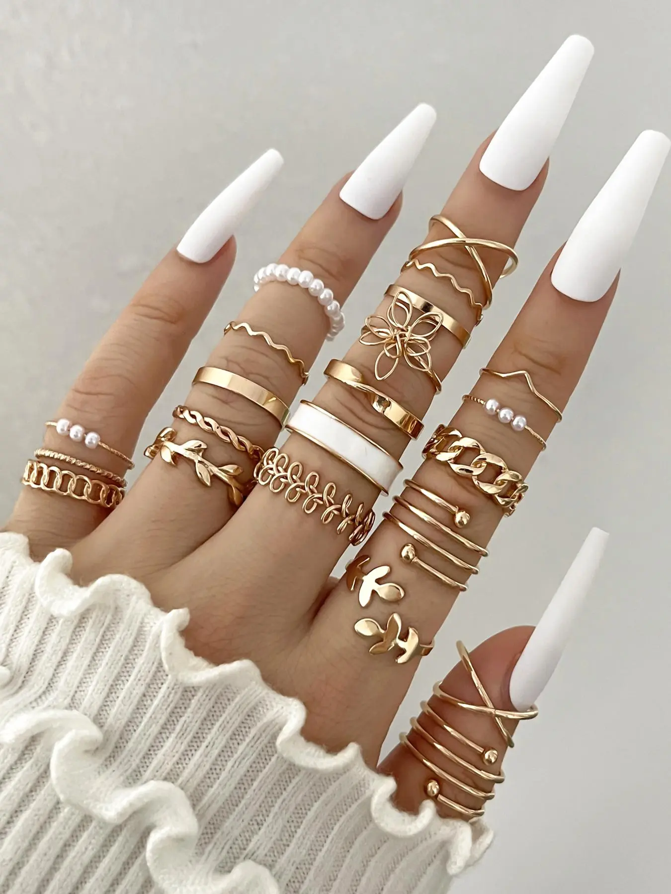 22pcs Boho Style Hollow Out Flower Design Unique Rings, Fashion Accessories for Women & Girls, Retro Jewelry for Party and Daily Wear Accessory, Trendy Versatile Exquisite Jewelry Gift for Birthday, Imitation Pearl Ring