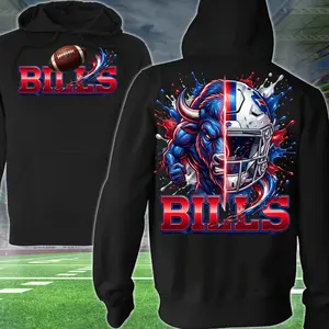 Super Buffalo Football 2 Sided Hoodie, Football Player Sweatshirt, Sports Apparel, Red & Navy Helmet Pullover Classic T-shirt, Graphic Printed Streetwear Top, 100% Classic Cotton, Gift For Fans