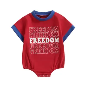 Baby Boy Girl 4th of July Outfit Contrast Color Letter Print Short Sleeve Crew Neck Bubble Romper Jumpsuit Newborn Independence Day Summer Clothes