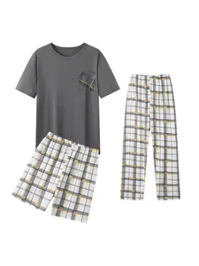 Men's Lightweight Sleepwear Set, Pajama Set, Round Neck Plaid Print Short Sleeve Top and Shorts Pants, Summer Casual Loungewear Home Wear Three-Piece Suit