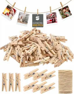 Mini Clothes Pins for Photo,  Small Wooden Clothespins 1 Inch   Decorative Clips Bulk, 33FT Jute Twine and Clothespins for Crafts Photos Pictures  Shower  Classroom, 200 count