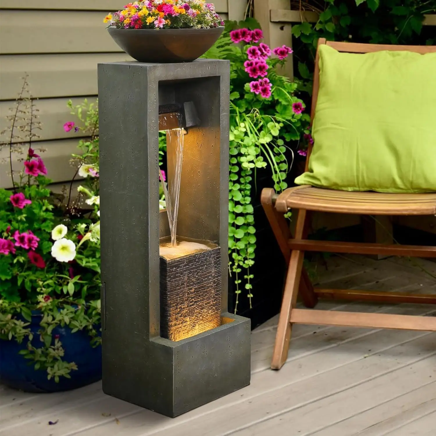 Tankana 41-in Outdoor Resin Floor-Standing Water Fountain Jar, Cascading Waterfall with Pump & Lights for Garden, Patio Home Decor