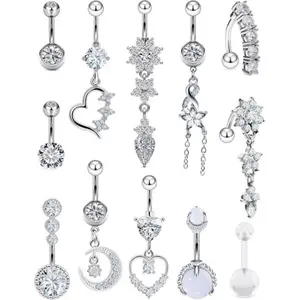 12PCS 14G Dangle Belly Button Ring Piercing Jewelry 316L Stainless Surgical Steel Heart Flower CZ Reverse Navel Rings Dangling Belly Button Ring Piercing Jewelry for Women 14 Gauge Hypoallergenic