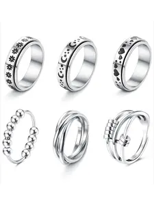 6 Pcs Silvery Spinner Thumb Ring Set for Women Men Durable Stainless Steel with Diverse Chic Designs Moon Star Floral Bead Classic Band Styles Spinning Rings Movable Beads Unique Interactive Experience