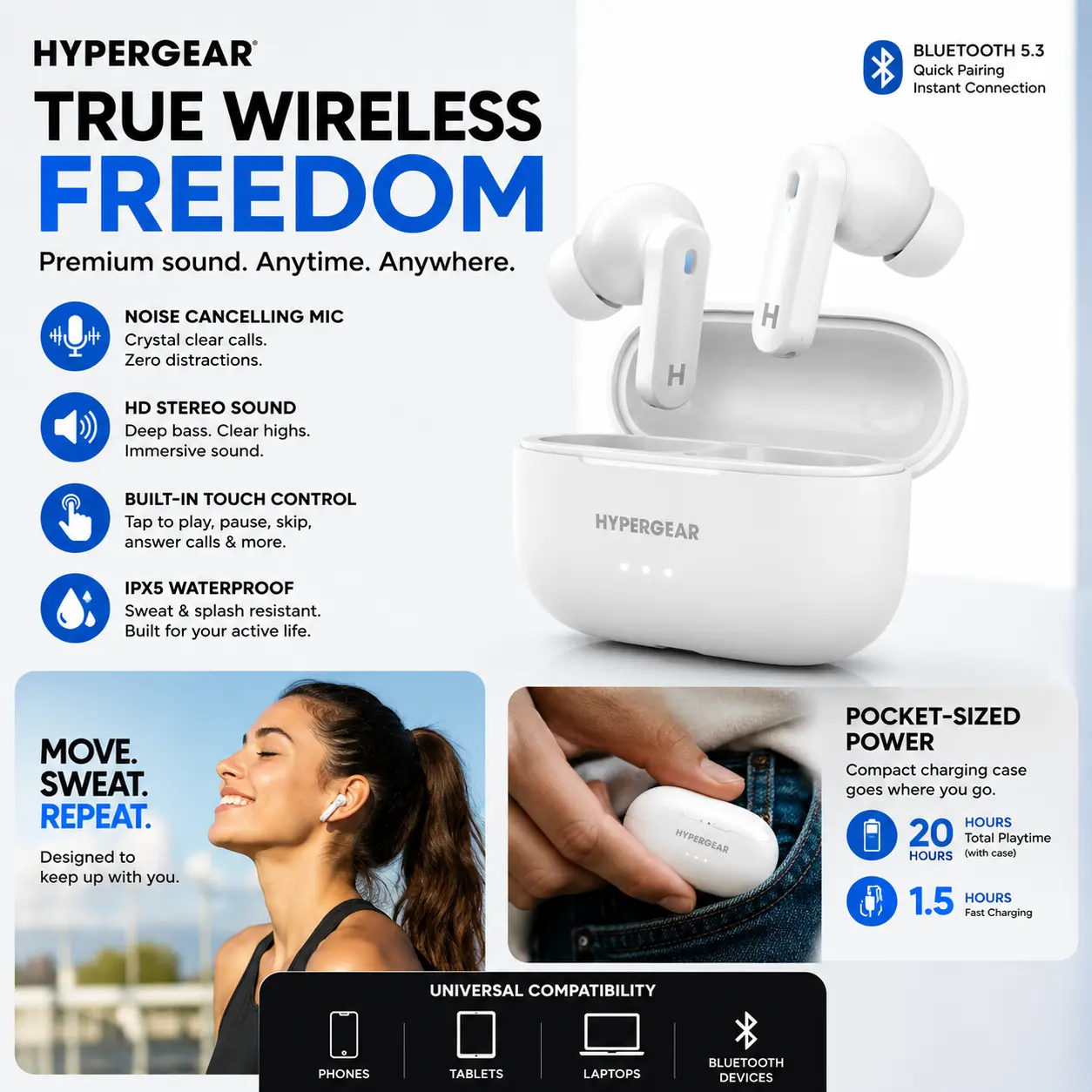 HyperGear Active True Wireless Bluetooth Stereo In-Ear Earbuds - IPX5 Water-Resistant, Active Noise Canceling, Hi-Fi Audio, Quick Pairing, Touch Control, Multi-Device, Hands-Free, Pocket-Sized Lithium-Ion Charging Case with Rechargeable Batteries (White)