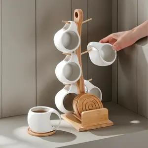 Bamboo Mug Tree, Countertop Coffee Cup Holder with 6 Hooks & Thickened Base, Suitable for Home and Coffee Shop
