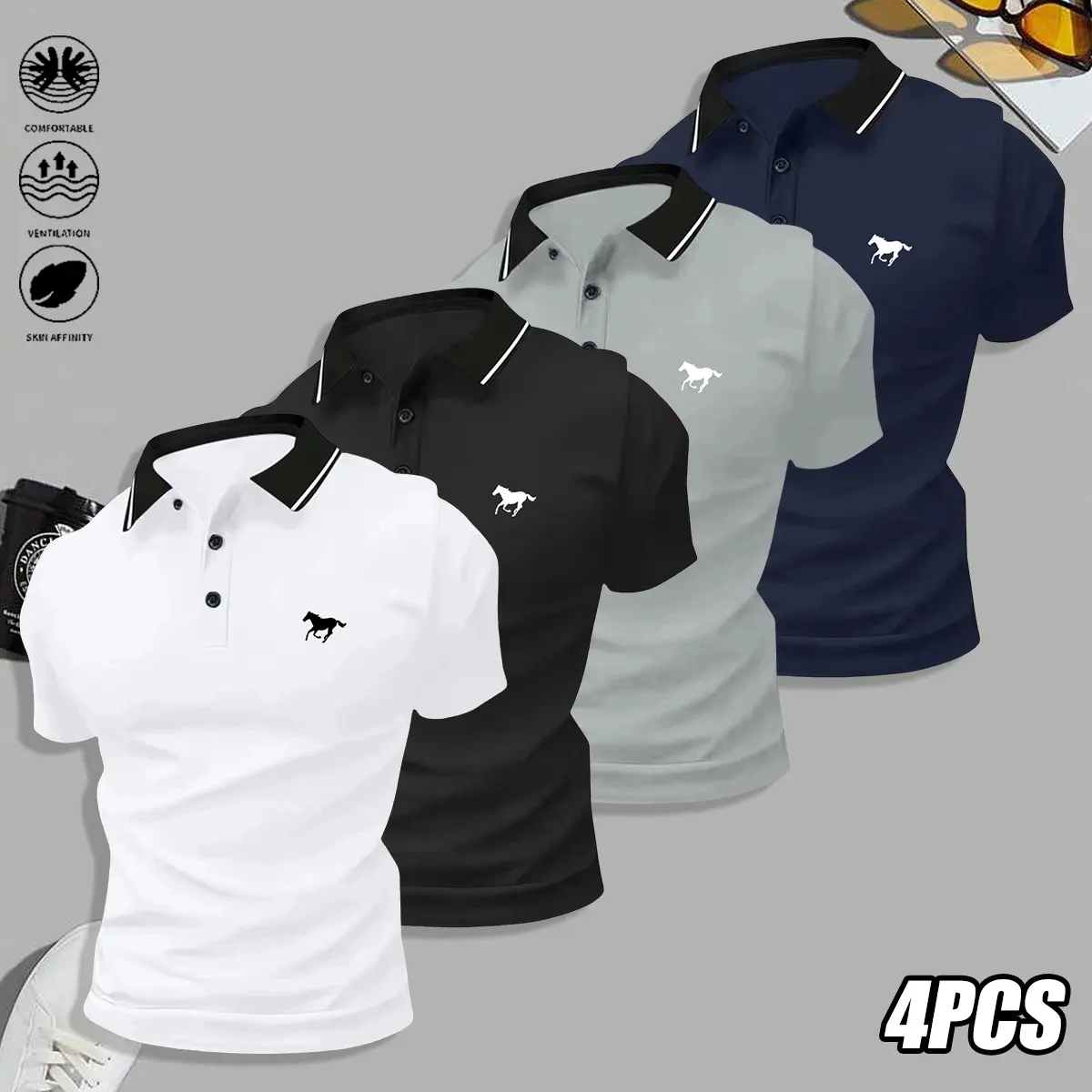 Men’s 4-Piece Printed Polyester Casual Short-Sleeve Polo Shirt Set, Suitable for Outdoor Sports, Golf, Summer Menswear Tops, Polyester Clothes