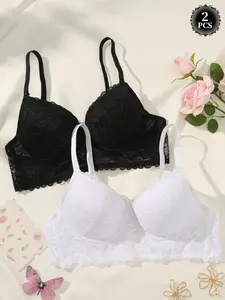 2PCS Women's Solid Lace Push-Up Bra, Underwire Support Anti‑sagging ,Elegant Chic Buttery Soft Slim-Fit  Bra,Breathable Adjustable Straps, Daily Wear Underwear