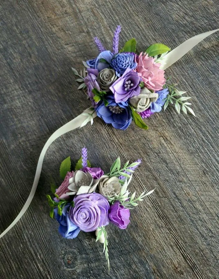 Handpainted Sola Wood Flower Corsage and Boutonniere Set, Deluxe Purple and Periwinkle Decorative Flowers with Ivory Satin Ribbon for Prom or Wedding, Bouquet, Wooden, Sola Wood Flowers