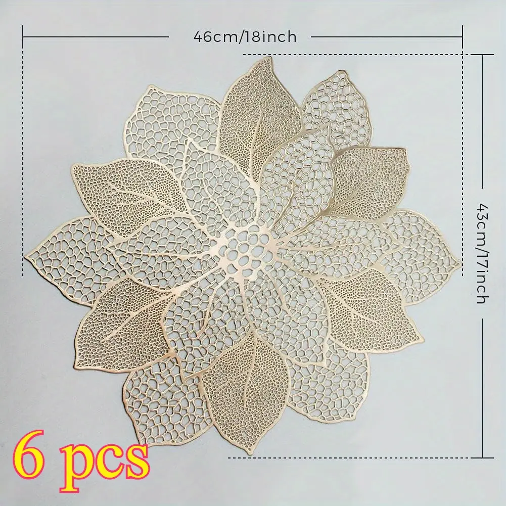 BPA-Free Square Metallic Hollow-Out Leaf Flower Table Placemats Set (6pcs, 18x17in/46x43cm, Gold) - Heat-Resistant Household Placemat for Wedding Reception, Holiday Party Home Dining Tables
