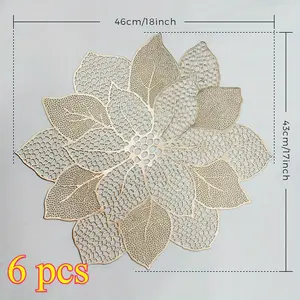 6 Pieces Metallic Hollow Out Leaf Flower Table Mats Decorative Wedding Round Placemat for Holiday Party Reception Home Kitchen Dining Table (Gold)