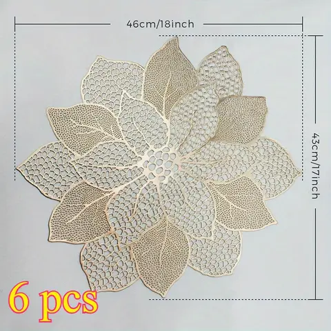 6pcs Stylish BPA-Free Square Metallic Hollow-Out Leaf Flower Placemats (18x17in/46x43cm, Gold) - Durable, Heat-Resistant, Waterproof Patchwork Kitchenware for Home Daily Use, Wedding Reception Dining Tables, Household Decor with Exquisite Design