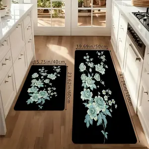 Purple Floral Kitchen mat Set, Watercolor Flower Line Art Non-Slip Washable Floor Mats, Aesthetic Botanical Runner Rugs for Kitchen, Living Room & Home Decor