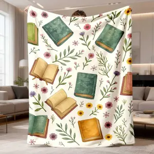 2026 New Arrival Flannel Blanket |   Plush, Extra Soft Cozy Throw With Book & Floral Pattern In Pastel Colors (Beige, Green, Blue, Pink, Yellow, Brown) |   All-Season Luxury Bedspread For Couch, Bed, Or Gift Perfect