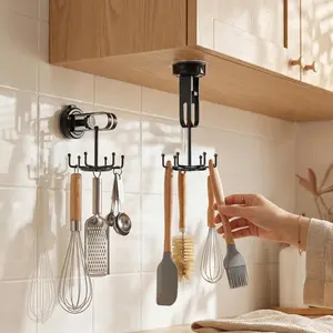 2 Pack Vacuum Suction Cup Kitchen Utensil Hook with 6 Hooks, [Up to 11 lbs ] Under Cabinet Kitchen Hooks with 360° Rotating, Utensils Hanging Rack for Kitchen, Bedroom, Bathroom, Glass