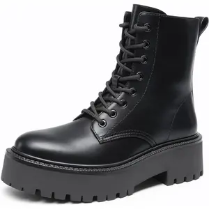 Women's Platform Combat Ankle Boots Fashion Lace-up Short Booties with Lug Sole and Side Zipper