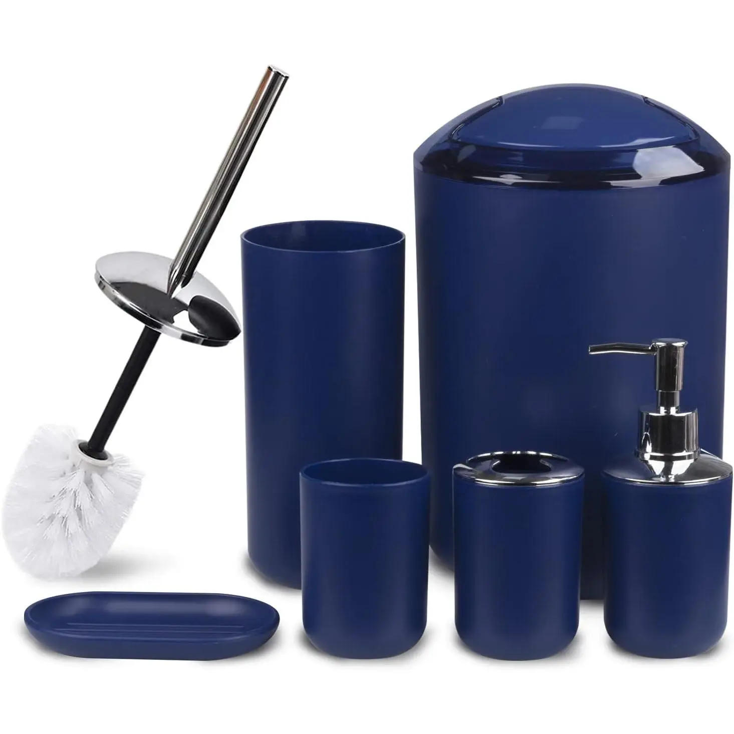 Royal Blue 6-Piece Plastic Bathroom Accessories Set - Bath Ensemble with Soap Dispenser, Toothbrush Holder, Toothbrush Cup, Soap Dish for Decorative Countertops, Housewarming Gift