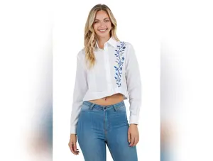 Women's Stylish Cropped Guayabera Shirt with Embroidery