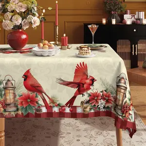 1 Piece of Vintage Winter Tablecloth, Featuring Main Cardinals, Holiday Wreaths, and Pine Nut Berry Patterns, Made of Durable Polyester Fabric That Is Easy To Clean and Wrinkle Resistant, Suitable for Holiday Dining, Indoor and Outdoor Decoration