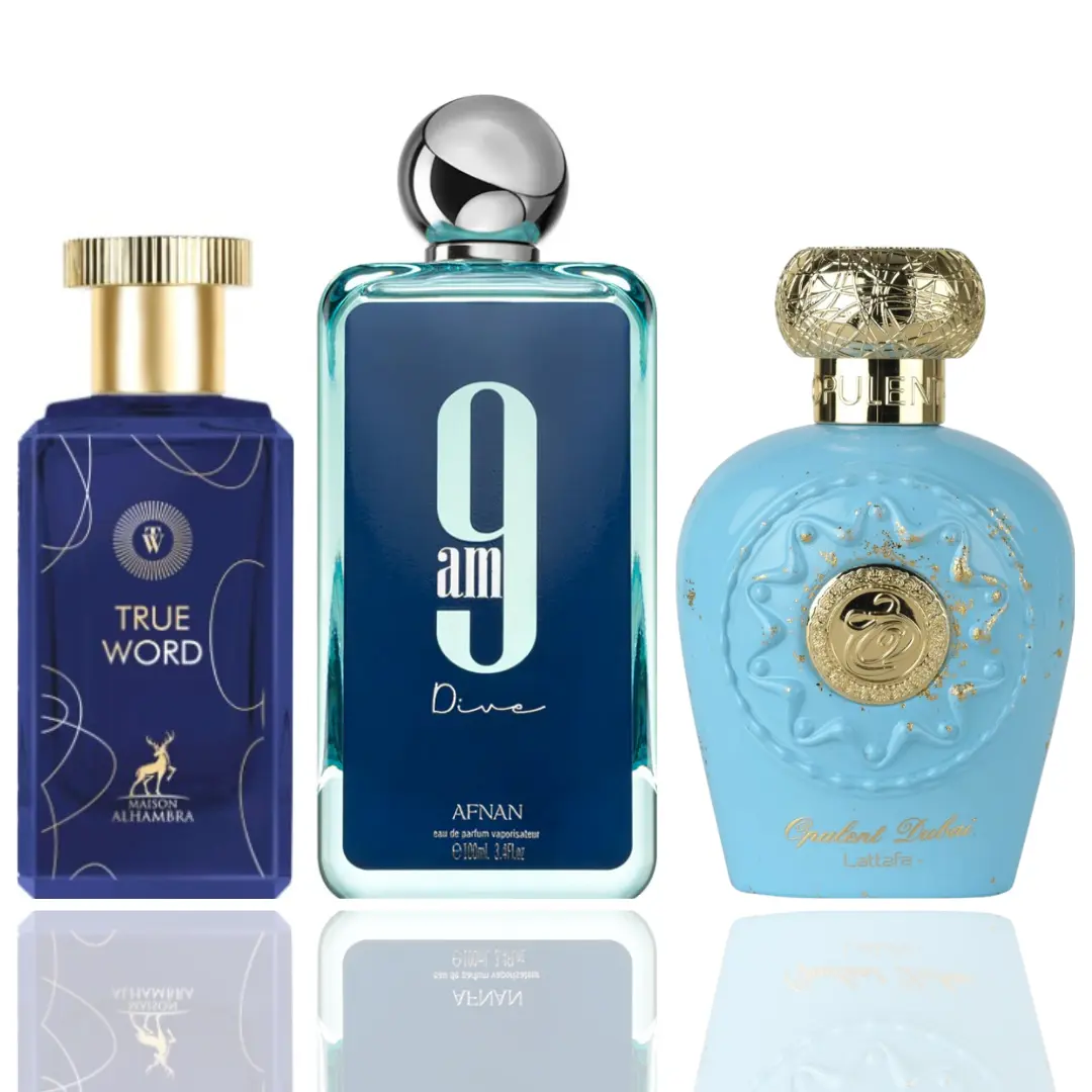 Lattafa Unisex 3-Piece Luxury EDP Trio Fragrance Discovery Set - Premium Dubai-Inspired Blend, 9am Dive Profile, Floral Amber, Lemon-Lime, Aromatic, Refreshing Scents, Long-Lasting Men's Daily Cologne, Floral Amber Fragrance