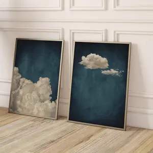 Blue Cloud Wall Art – Set of 2 Moody Vintage Giclée Prints, Minimalist Sky Posters for Living Room Decor, Unframed | 5 size, 8x12 to 27x40 inch