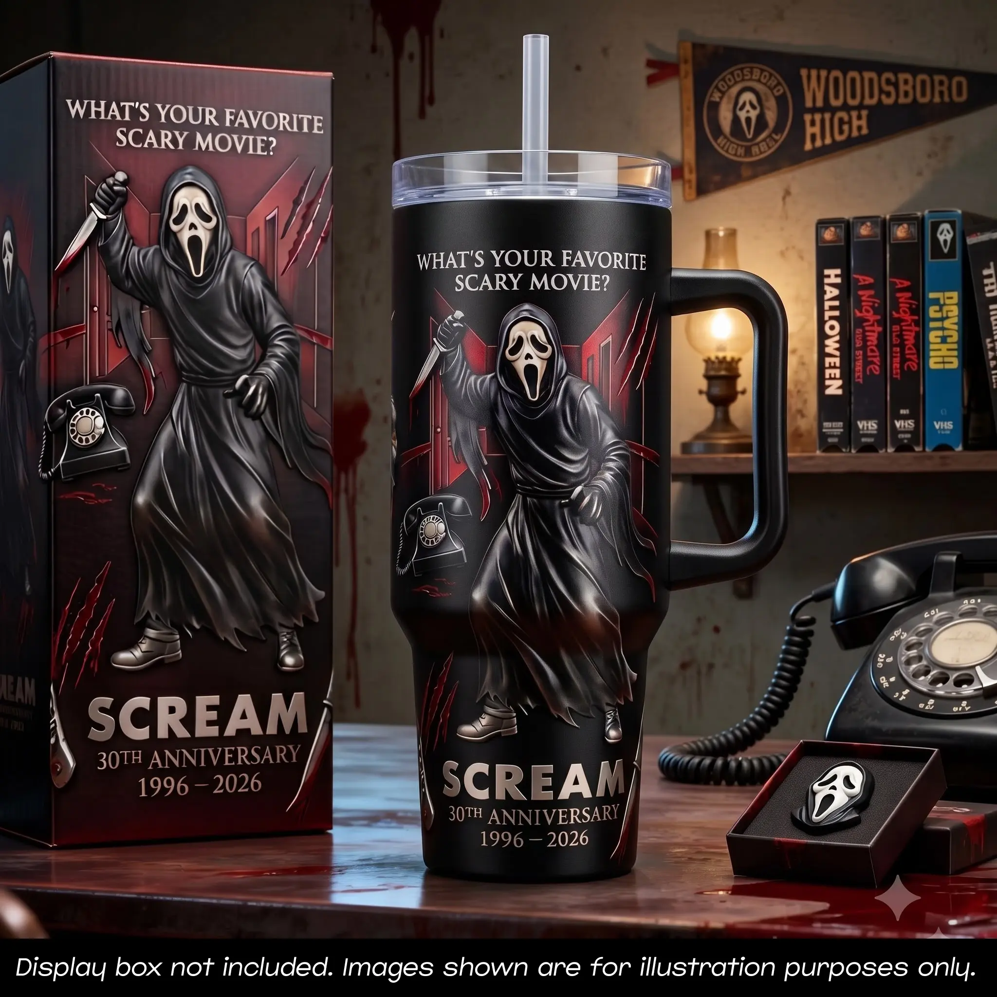 Scream 30th Anniversary 1996-2026 40oz Tumbler with Straw Handle, Ghostface Whats Your Favorite Scary Movie Insulated Mug, Woodsboro High Horror Film Merch, Spooky Halloween Cold Water Bottle Fan Collector Gift