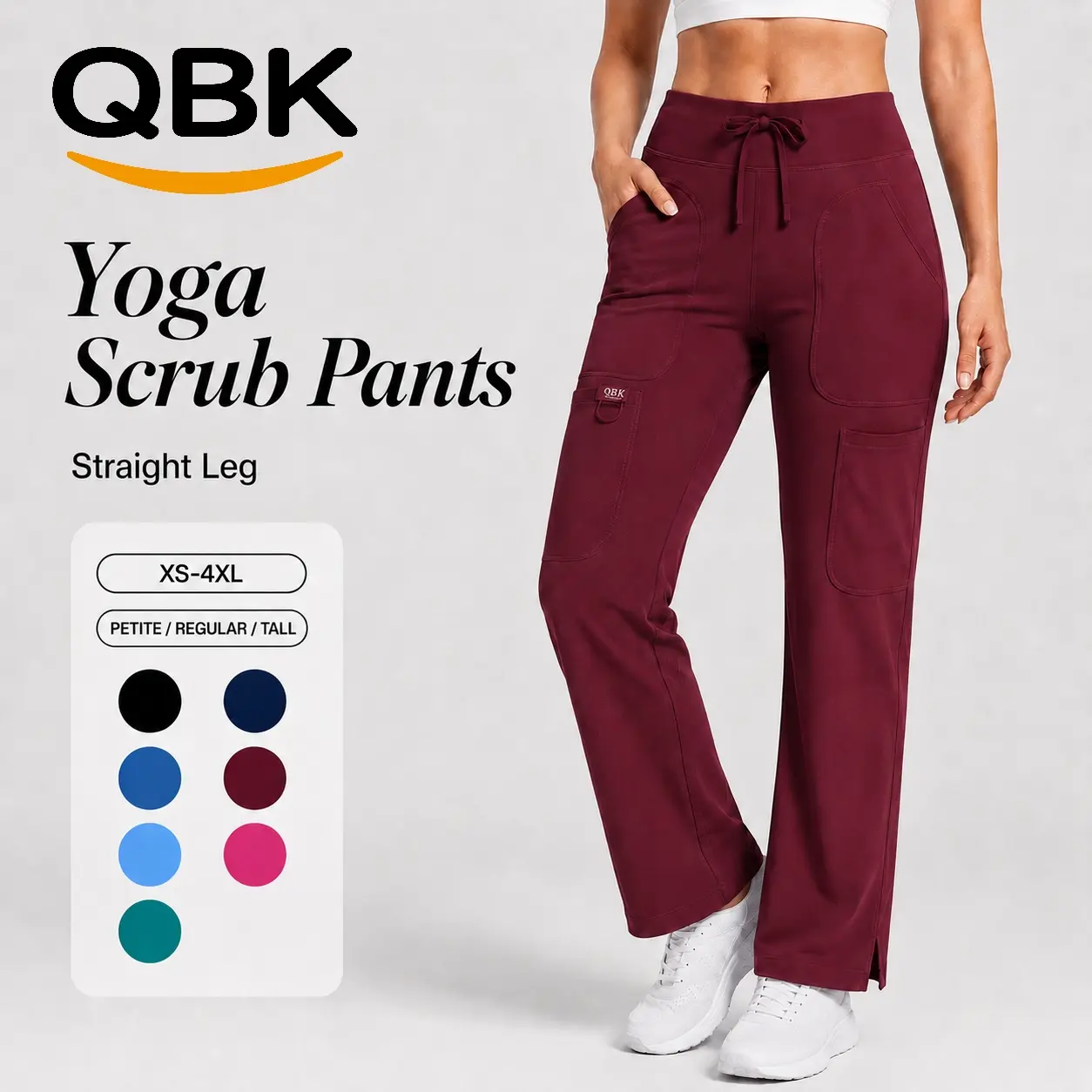 QBK Women's Mid-Rise 5-Pocket Cargo Scrub Pants - Female Gym Clothes, Gym Sportswear Bottoms, High Waist Activewear, Stretch Pants, Flex for Yoga, All Season, Machine Washable, Athleisure Pants