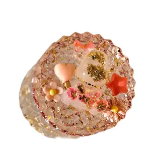 Pink Bear and Flowers Accent Jewelry Jar with Gold Glitter and Floral Decorations Organiser Boxes Mica Powder Metallic Gems Resin Canister Decorative