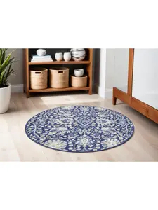 HomeRoots 552417 5 ft. Floral Round Rug, Navy Blue, Ivory & Beige