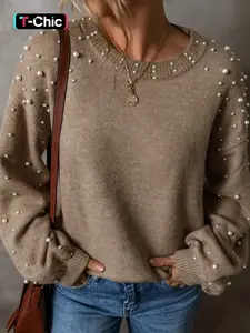 Women's Faux Pearl Decor Drop Shoulder Sweater, Casual Long Sleeve Round Neck Jumper for Fall & Winter, Fashion Ladies' Knitwear for Daily Wear