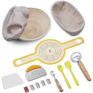 Sourdough Bread Baking Set, 10 Inch Oval & 9 Inch Round Banneton with Liner, Bread Sling, Danish Dough Whisk, Dough Scraper Kit, Brush & Spatula
