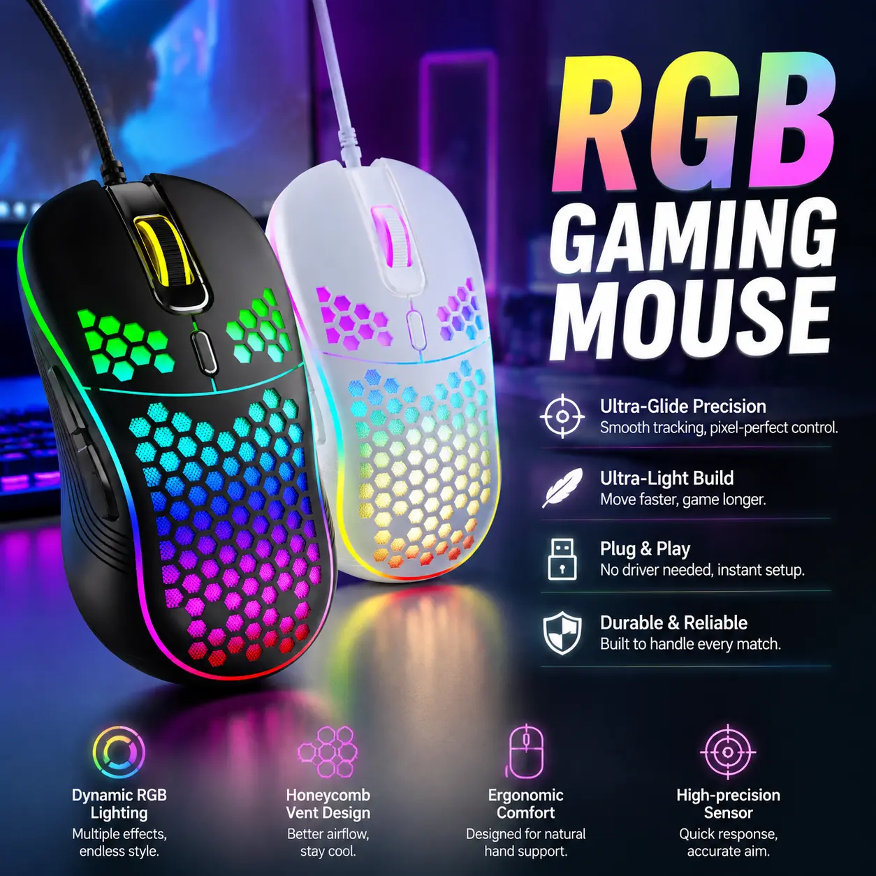 EIGIIS RGB Wired Gaming Ergonomic Mouse - Honeycomb Shell, Lightweight Structure, 7200 DPI Sensor, 6 Buttons, Colorful RGB Lighting, High Precision Optical Sensor, Wired Power, for Gamers/Workers, PC Computer Use