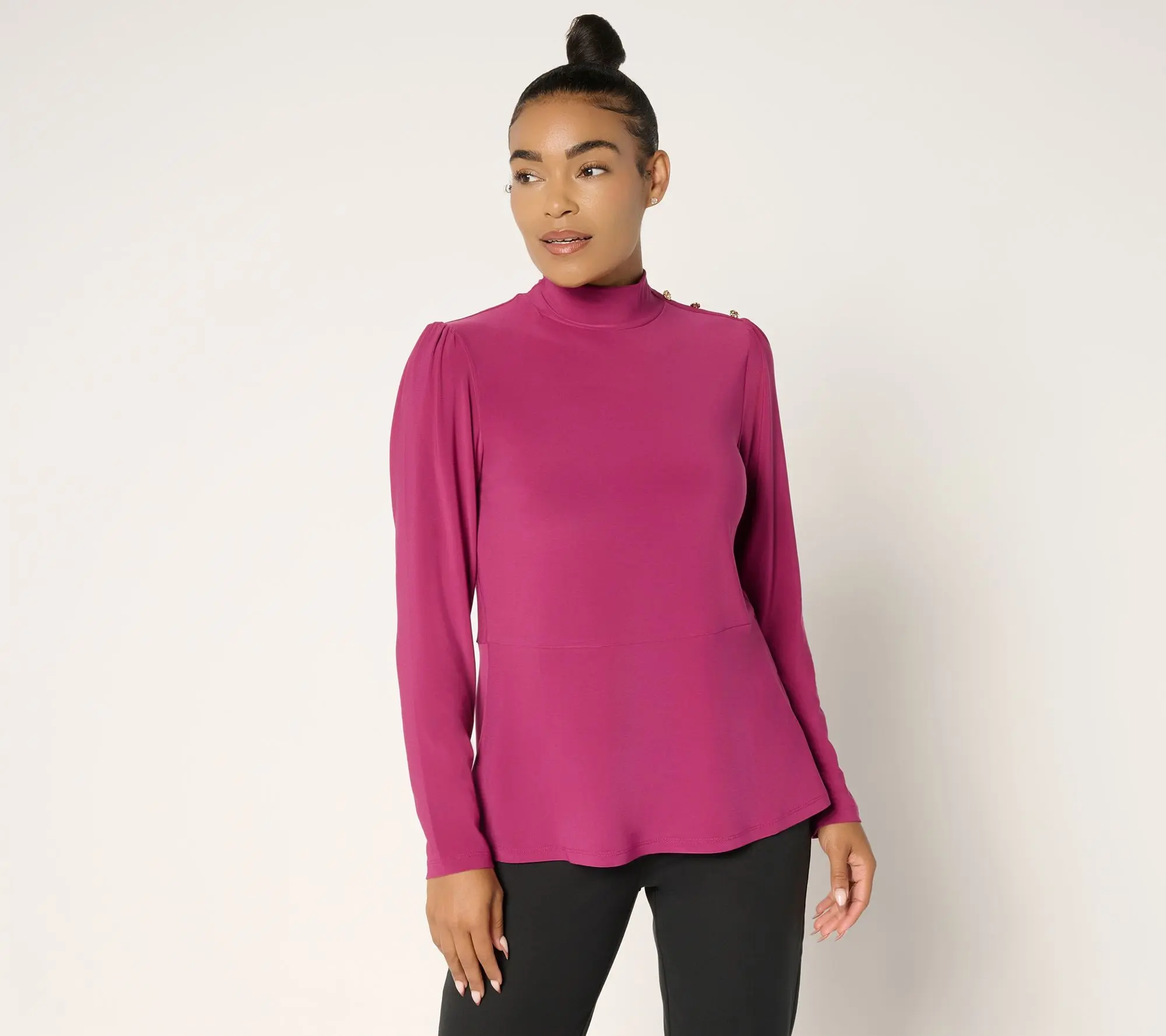 Dennis Basso Petite Italia Knit Mock Neck Soft Peplum Top