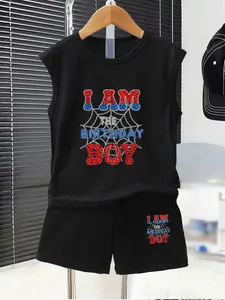 Summer Boys' Sleeveless Vest + Shorts Set, Spider-Man Web Pattern, Loose Fit, Breathable, Birthday Gift for Ages 4-7, Summer Clothing Set