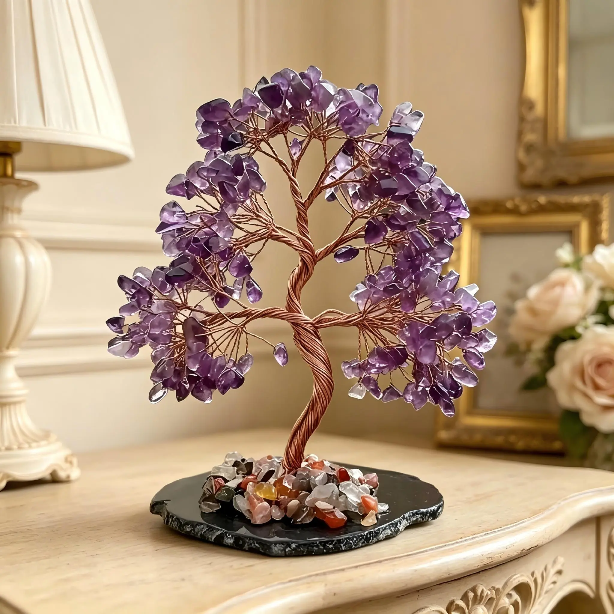 Natural high-quality agate base purple crystal tree is the perfect crystal accessory for decorating offices, and can also be used as a home decoration. In addition, it is also a thoughtful and loving gift for colleagues and friends light up decor