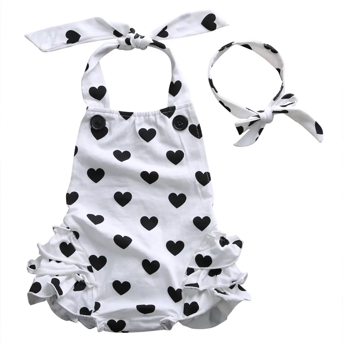 Baby Girl Halter Romper Heart Print Backless Ruffle Jumpsuit Infant Summer Sleeveless Romper Clothes