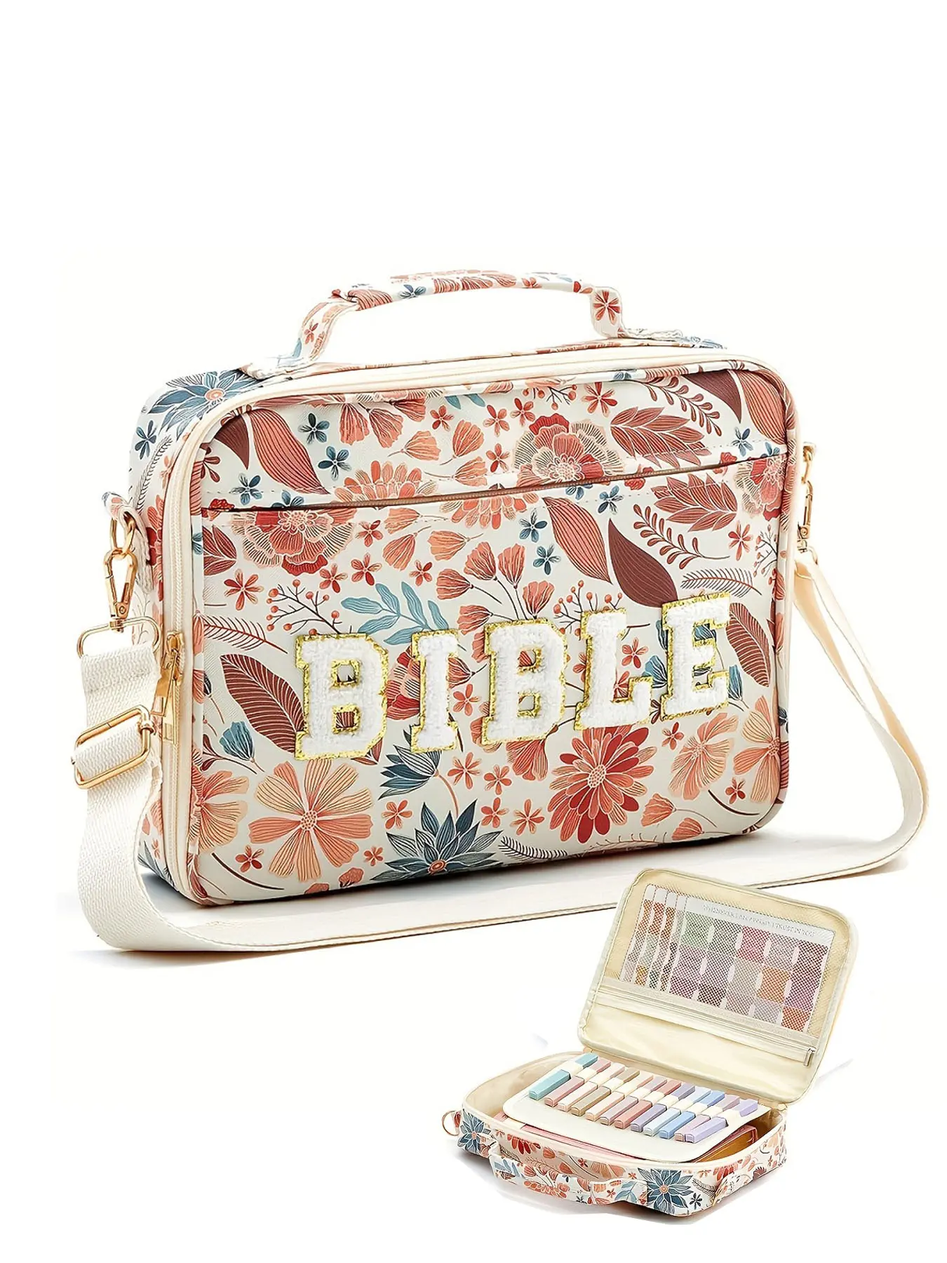 Women's Floral Bible Cover Bag, Large Capacity Embroidered Letter Shoulder Storage Bag, Stylish Portable Organizer for Bibles & Books, with Tabs Colored Gel Pen, Highlighters for Study Bible, Bible Case with Shoulder Strap. The Ideal & Heartwarming  Gift