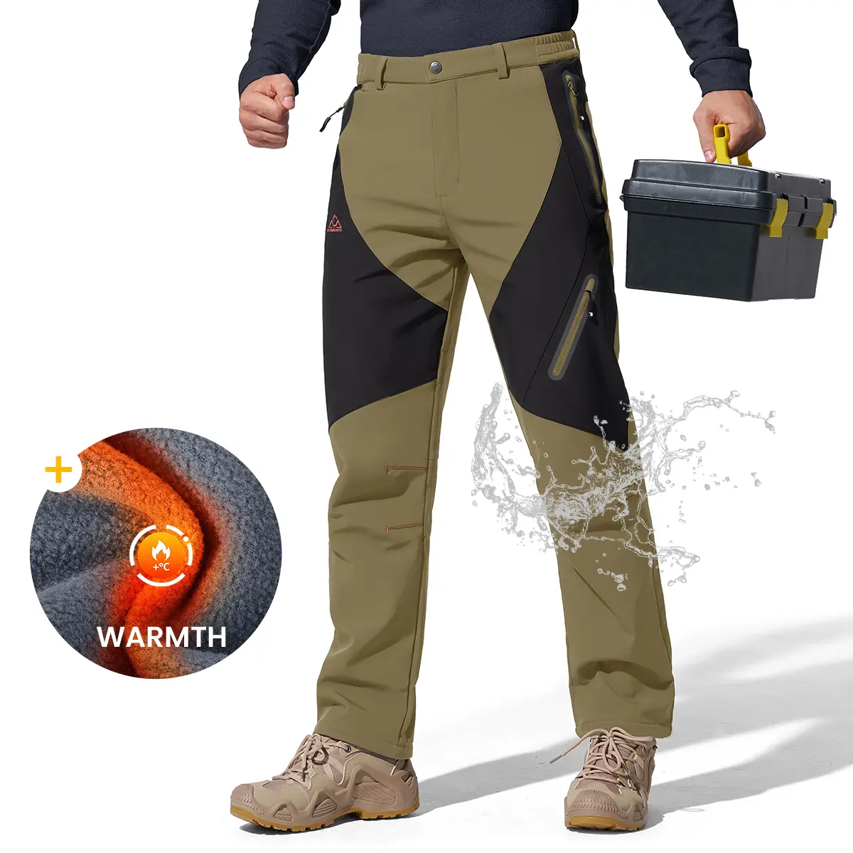 GOPUNE Men's Windproof Warm Work Pants Fleece Insulated Ski Snow Pants Water Resistant Outdoor Trousers with 4 Zip Pockets, Regular Fit for Hiking, Camping ,Solid Black Winter Pants
