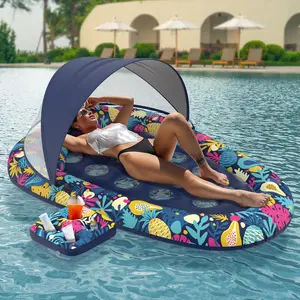 3-in-1 Pool Floats with Canopy Cup Holder, Tanning Pool Large 73" x 48" Float Adult Heavy Duty, Inflatable Lounger Raft Floating Chair with Backrest, Swimming Pool Lake Beach Party