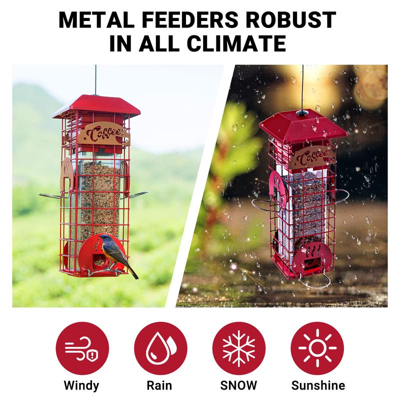 Squirrel Proof Bird Feeders for Outdoors Metal Mesh Hanging Bird Seed Feeders for Outside Pole Weight -Activated & 4 Adajustable Perschs 2.2 lbs Capacity (Red)