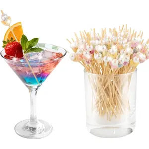 100 Pcs 4.7 Inch Pearl Flower Decorative Wooden Long Cocktail Picks for Holiday Valentine Theme Party Appetizers Fruits Drink Garnish Party Supplies