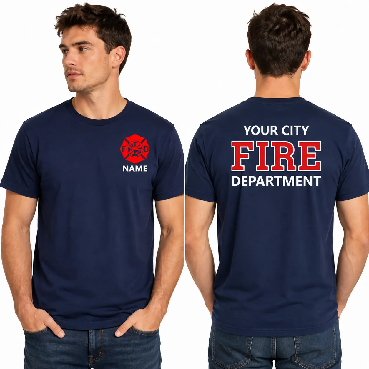 [Custom Name] Fire Department Tee, American Flag Firefighter Gift, First Responder Graphic T Shirt, FDNY Tribute Gift, Unisex Cotton Tee, Gift For Him And Her