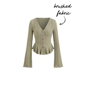 Cider Brushed Fabric V-neck Bell Sleeve Ruffle Hem Button Top