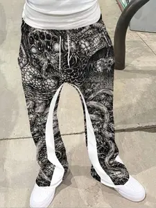 Men's streetwear retro bell bottom pants, casual sweatpants with Hell Warrior elements, a fusion of "dark style+street style", drawstring waistband+white stripes on the sides+tassel decoration on the hem, combining decorative and casual feel