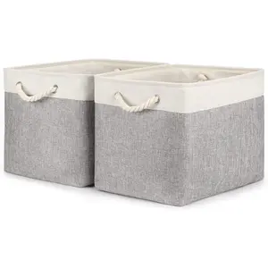 Large Collapsible Fabric Storage Baskets for Organizing, 2 Pack 16x12in Storage Bins for Shelves Closet, Grey&White Organizer Bins for Blanket Nursery Toy Storage