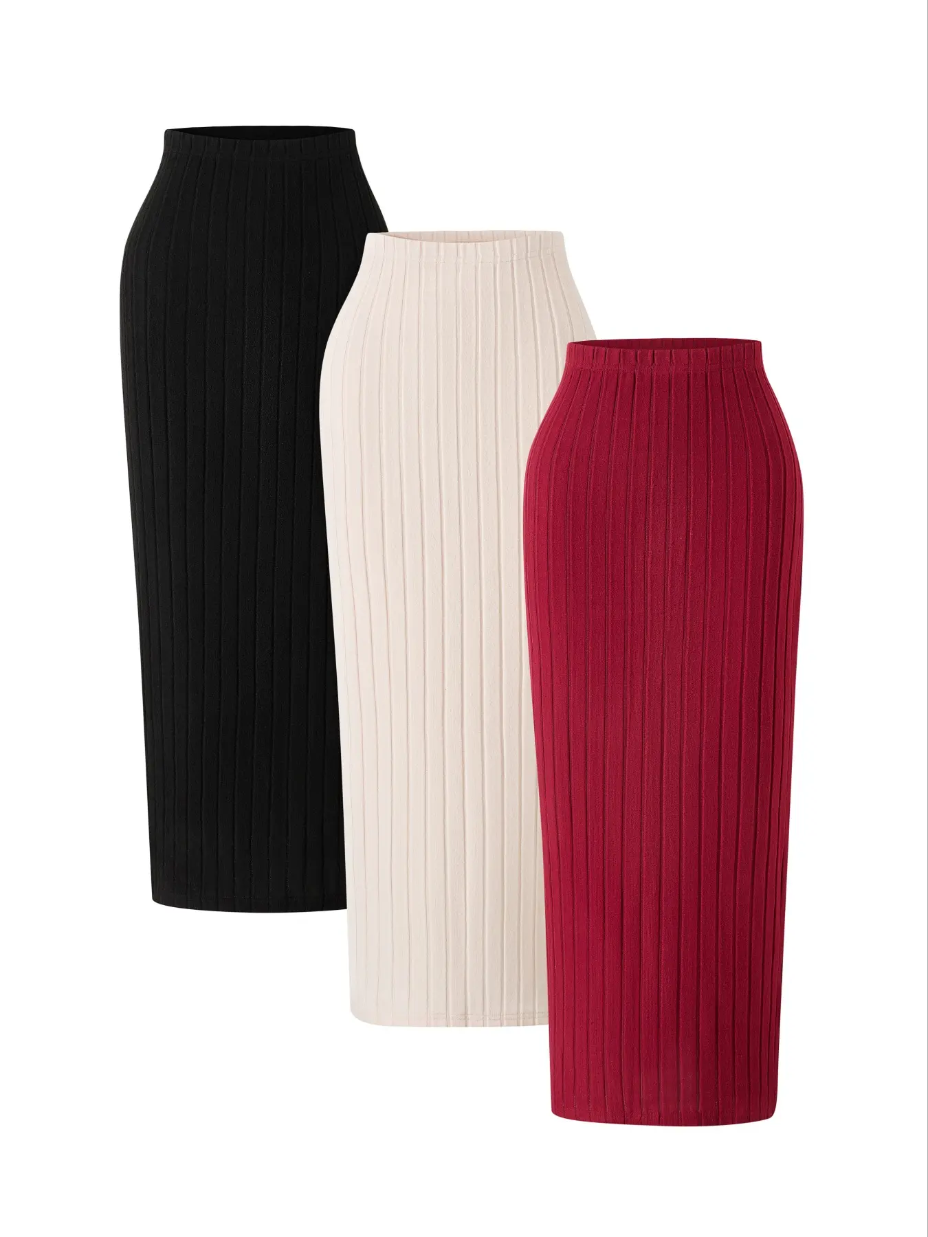 New Fall Winter Women's Fashion Solid Color Elastic Waist Ribbed Long Casual Skirt Set, Knee Length, All Seasons Wear