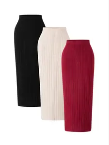 New Fall Winter Women's Fashion Solid Color Elastic Waist Ribbed Long Casual Skirt Set, Knee Length, All Seasons Wear