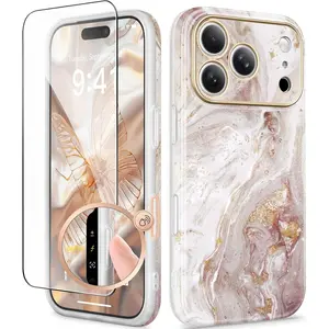 Apple iPhone 17 Pro Case with MagSafe Compatibility Full Screen Protector Military-Grade Shockproof Slim Magnetic Marble Design for 17 Pro 6.3" A-Pearlescent/Gold Color